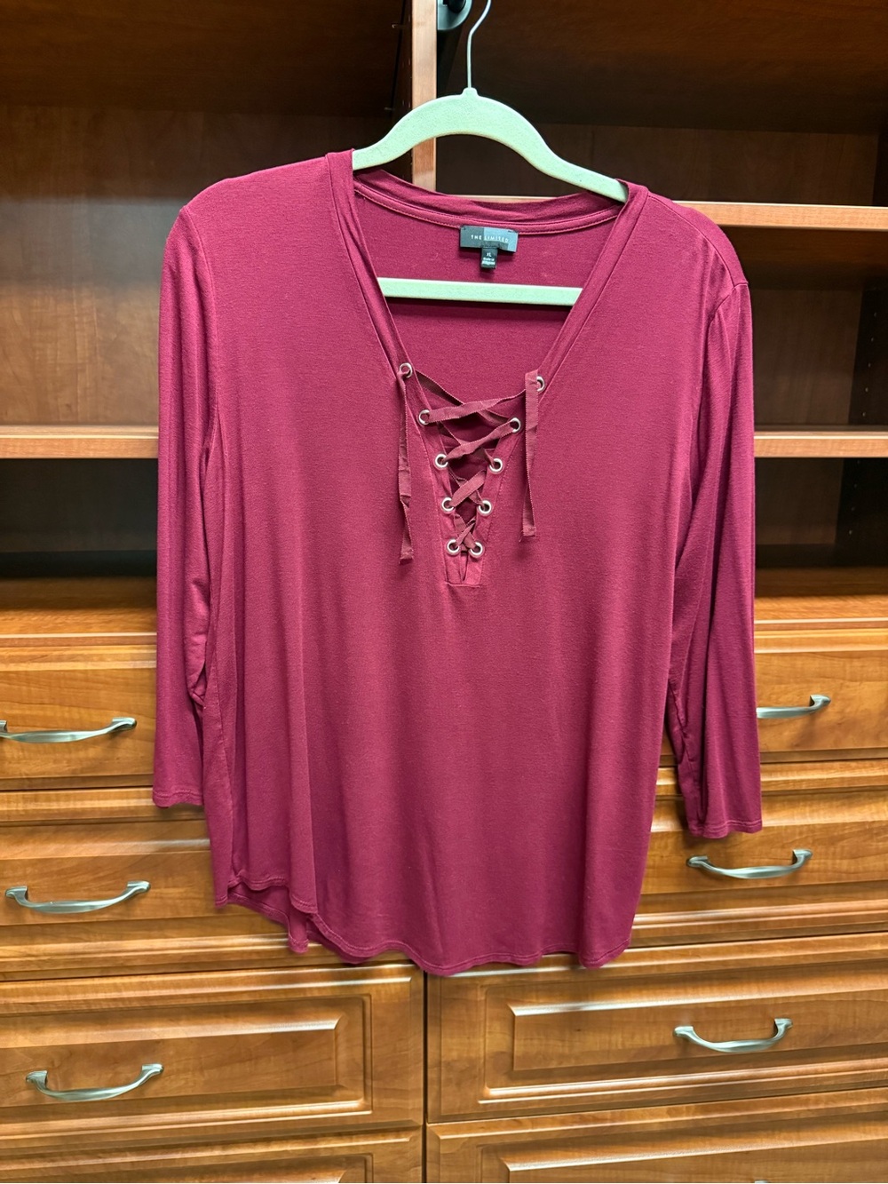 The Limited Flowy Lace-Up V-Neck Top in Burgundy